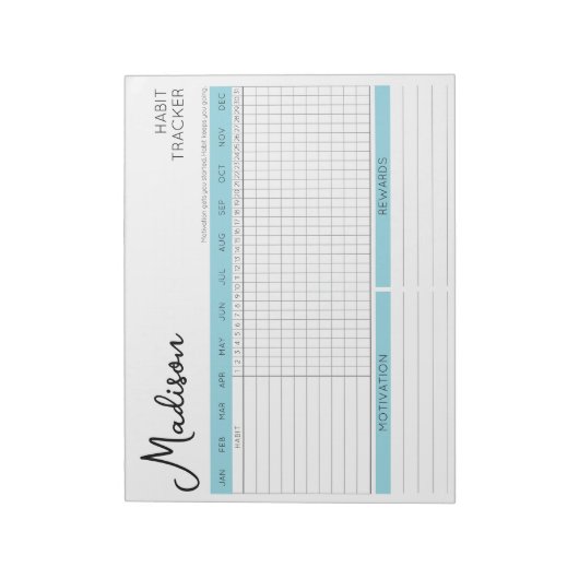 Daily Habit Tracker Motivatie Blue Script Naam Notitieblok (Linkerzijde)