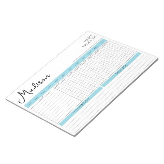 Daily Habit Tracker Motivatie Blue Script Naam Notitieblok (Schuin)
