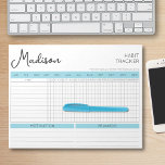 Daily Habit Tracker Motivatie Blue Script Naam Notitieblok<br><div class="desc">Creëer Een lijst met gewoontes om goede gewoontes en een gezonde levensstijl op te bouwen met deze aangepaste habit tracker. Personaliseer met naam en uw eigen prijsopgave onderaan, of houd de motivatie prijsopgave daar op dit moment. Hoe werkt het? Omcirkel de maand waarin je volgt, schrijf de gewoonten op waaraan...</div>
