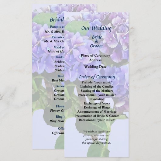 Dainty Blue Hydrangea Wedding Programme Programmakaart (Voorkant / Achterkant)