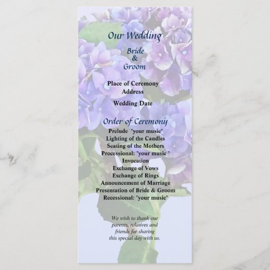 Dainty Blue Hydrangea Wedding Programme Programmakaart (Voorkant)