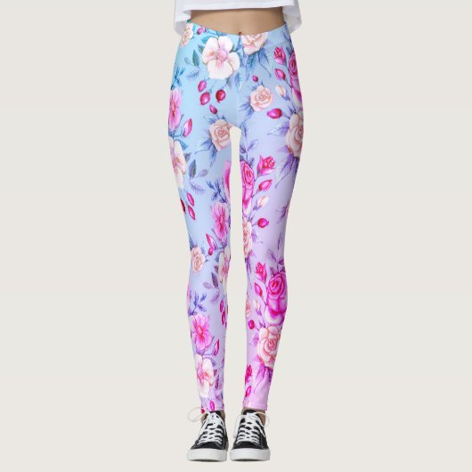 Dainty Blue Pink Floral Leggings (Voorkant)