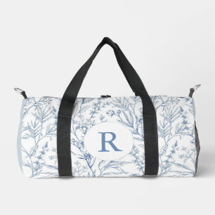 Dainty Blue & White Floral Monogram Duffel Bag Plunjezak