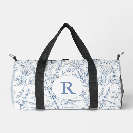 Dainty Blue & White Floral Monogram Duffel Bag Plunjezak (Voorkant)