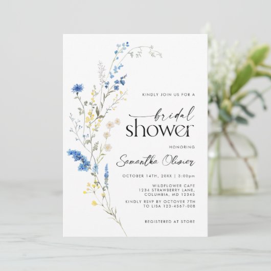 Dainty Blue Wild Flowers Eenvoudig Navy Vrijgezell Kaart (Staand voorkant)