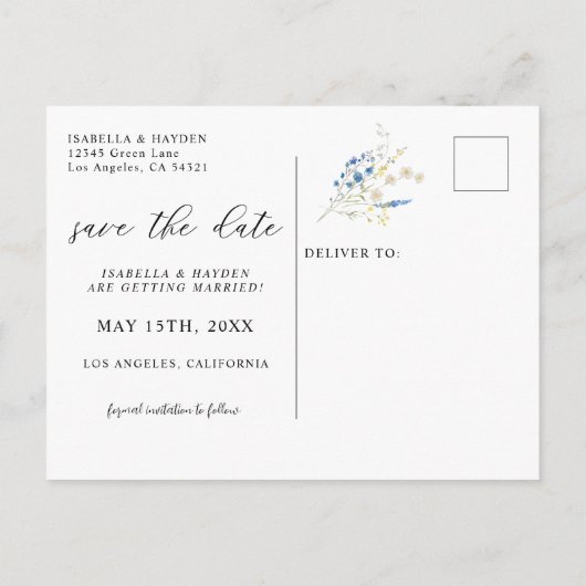 Dainty Blue Wild Flowers Navy Floral Bewaar de dat Aankondigingskaart (Achterkant)