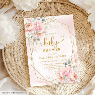 Dainty blush roze bloemenmeisje baby shower uitnod kaart