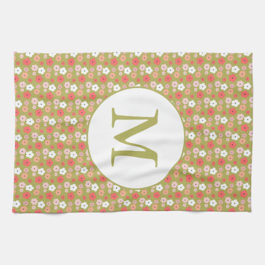 Dainty Boho Woodland Floral Pattern Green Monogram Theedoek (Horizontaal)