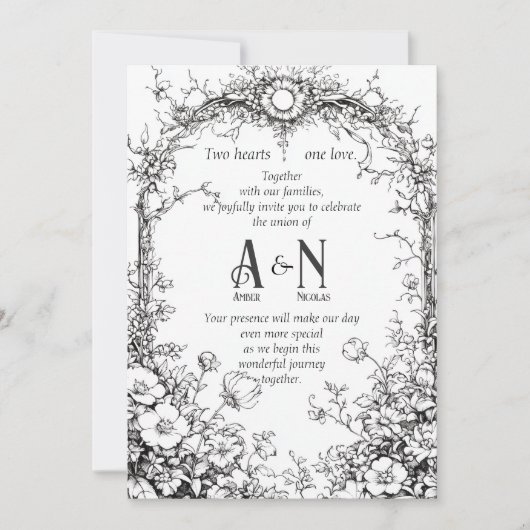Dainty Botanical Rustic, Black & White Invitation Kaart (Voorkant)