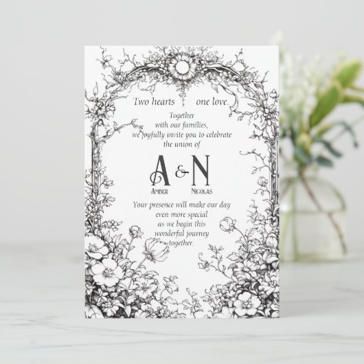 Dainty Botanical Rustic, Black & White Invitation Kaart (Staand voorkant)