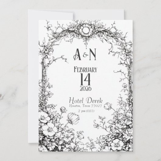 Dainty Botanical Rustic, Black & White Invitation Kaart (Achterkant)