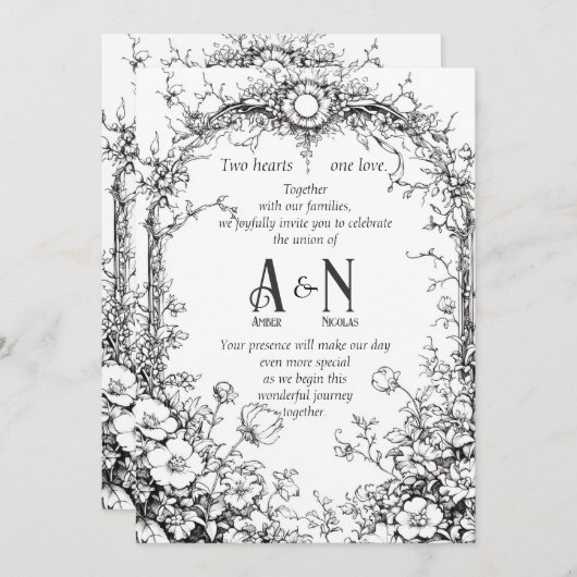 Dainty Botanical Rustic, Black & White Invitation Kaart (Voorkant / Achterkant)