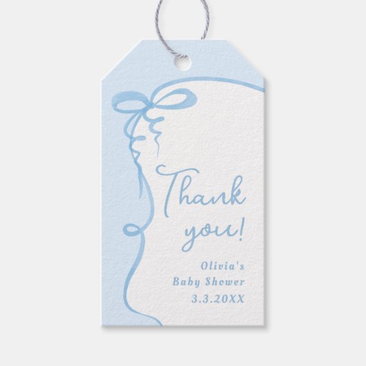 Dainty Bow wavy blue boy baby shower dank u Cadeaulabel (Voorkant)