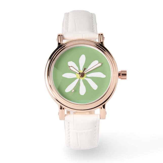 Dainty Daisy Horloge (Sage Groen & Wit) (Voorkant)