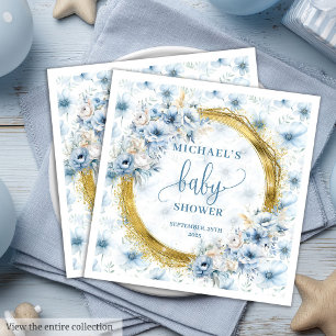 Dainty Dusty Blue Gold Floral Baby shower servette Servet