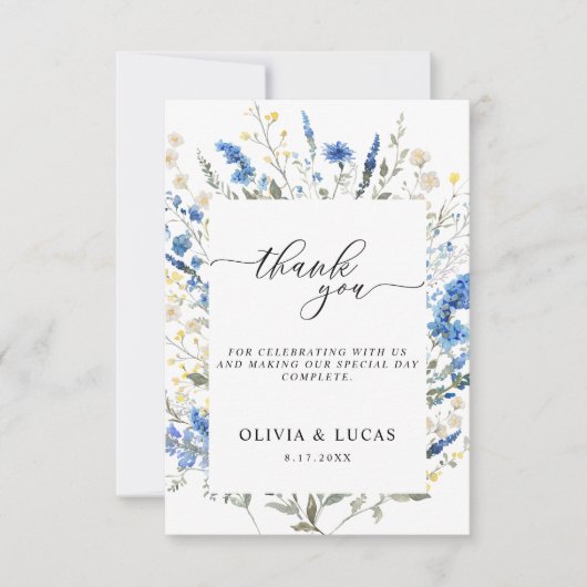 Dainty Dusty Blue Wild Floral Navy Rustic Wedding Bedankkaart (Voorkant)