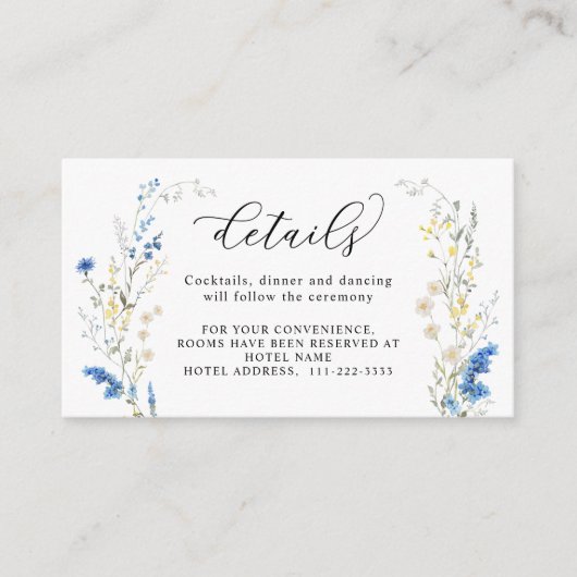 Dainty Dusty Blue Wild Flower Boho Wedding Details Informatiekaartje (Voorkant)