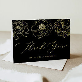 Dainty Floral Black and Gold Wedding Hartelijk dan Folie Wenskaart