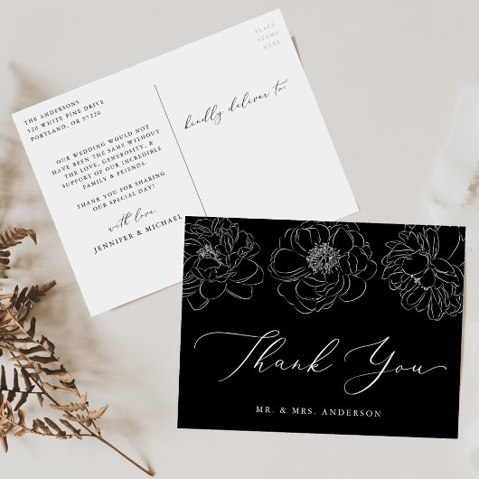 Dainty Floral Black and White Wedding Bedankt Briefkaart
