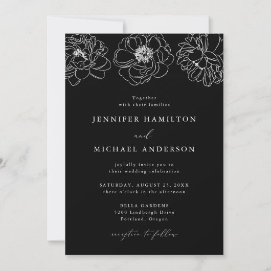 Dainty Floral Black and White Wedding Kaart (Voorkant)
