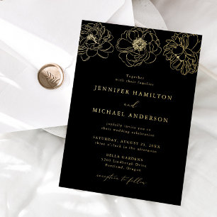 Dainty Floral Black en Gold Wedding Folie Uitnodiging