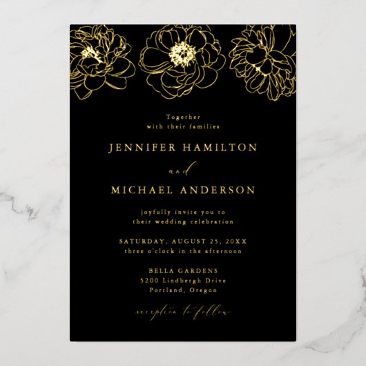 Dainty Floral Black en Gold Wedding Folie Uitnodiging (Voorkant)