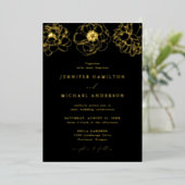 Dainty Floral Black en Gold Wedding Folie Uitnodiging (Staand Voorkant)