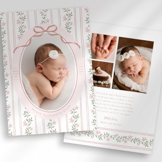 Dainty Floral Bow Photo Birth Announcement Aankondiging