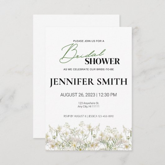 Dainty Floral Bruids Douche Uitnodiging - Low Trim (Voorkant / Achterkant)