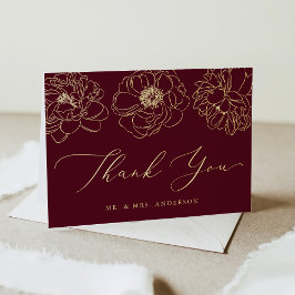 Dainty Floral Burgundy en Gold Wedding Dank je wel Folie Wenskaart
