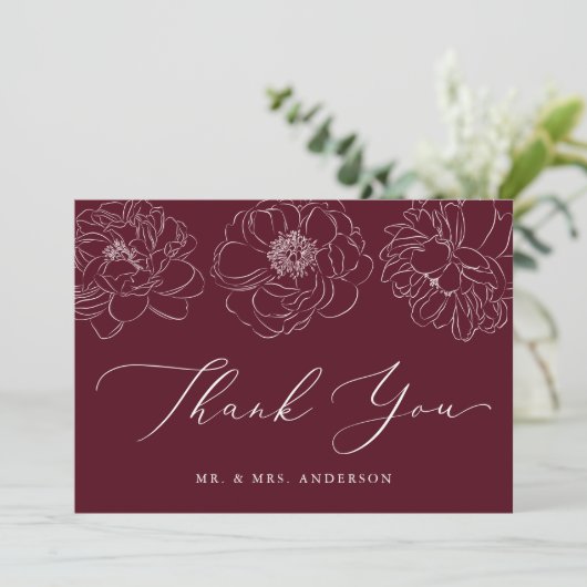 Dainty Floral Burgundy Wedding Bedankkaart (Staand voorkant)