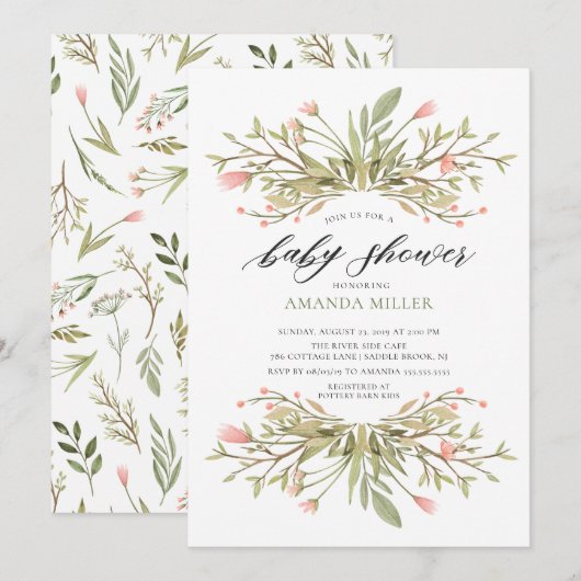 Dainty Girls Pink Floral & Greenery Baby shower Kaart (Voorkant / Achterkant)