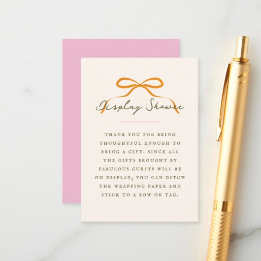 Dainty Orange Bow Baby Display Shower Informatiekaartje (Voorkant / Achterkant in situ)