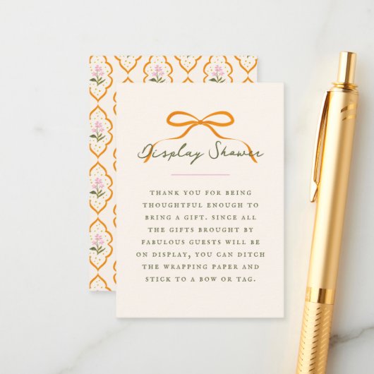 Dainty Orange Bow Baby Display Shower Informatiekaartje (Voorkant / Achterkant in situ)