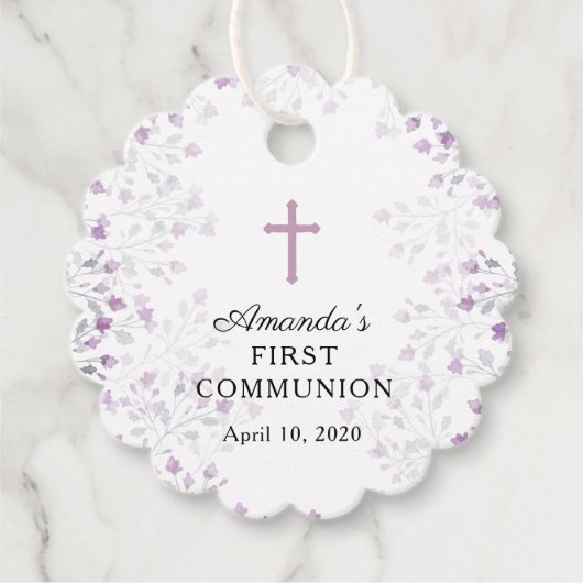 Dainty Paarse Bloemen Eerste Heilige Communie Bedankjes Labels (Voorkant)