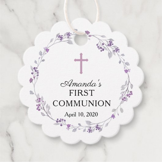 Dainty Paarse Bloemen Eerste Heilige Communie Bedankjes Labels (Voorkant)