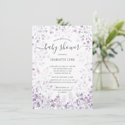 Dainty Paarse Waterverf Bloemen Meisjes Baby showe Kaart (Staand voorkant)