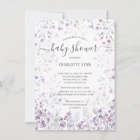 Dainty Paarse Waterverf Bloemen Meisjes Baby showe Kaart (Voorkant)