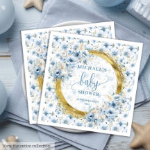 Dainty pastelblauwe bloemen gouden baby showers se