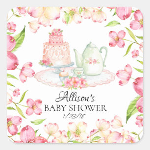 Dainty Pink Floral Baby Tea Party Envelopzegel Vierkante Sticker