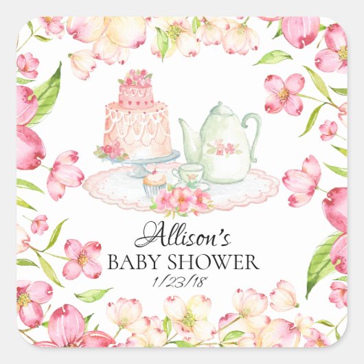 Dainty Pink Floral Baby Tea Party Envelopzegel Vierkante Sticker (Voorkant)
