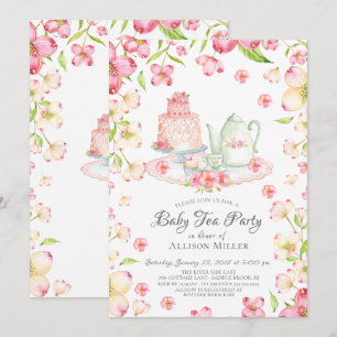 Dainty Pink Floral Baby Tea Party Uitnodiging