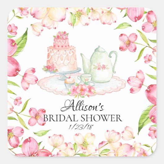 *Dainty Pink Floral Bridal Tea Party Envelopzegel Vierkante Sticker (Voorkant)