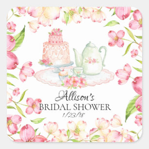*Dainty Pink Floral Bridal Tea Party Envelopzegel Vierkante Sticker