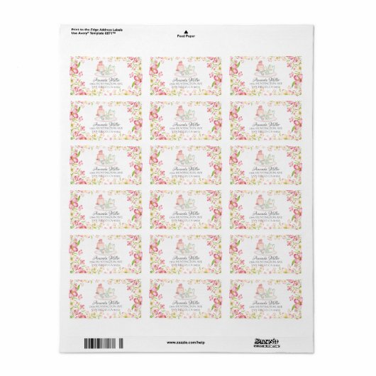 Dainty Pink Floral Bridal Tea Retouradreslabel Etiket (Full Sheet)