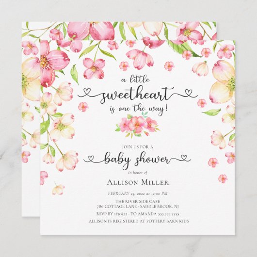 Dainty Pink Floral Sweeite Baby shower Invitati Kaart (Voorkant / Achterkant)