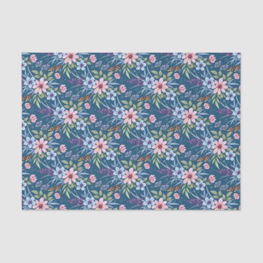 Dainty Pink Flowers op Blue Decoupage Tissuepapier (Voorkant)