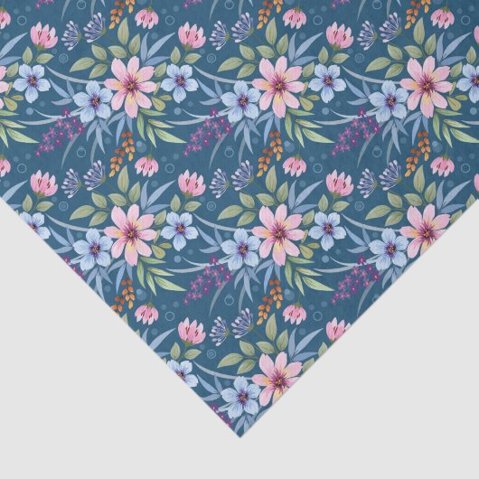 Dainty Pink Flowers op Blue Decoupage Tissuepapier (Detail)