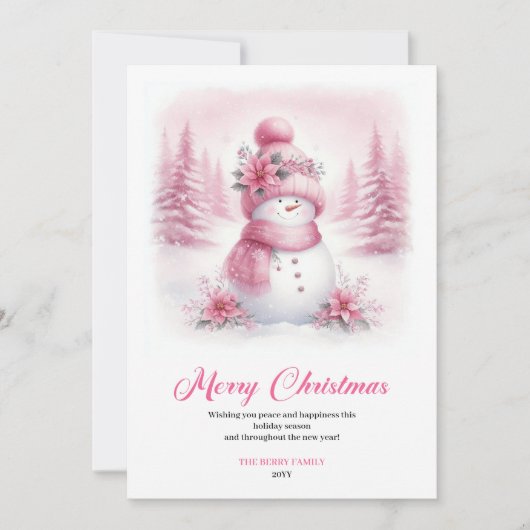 Dainty pink snowman kids greeting card editable feestdagenkaart (Voorkant)