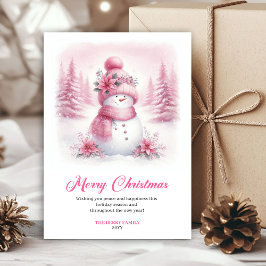 Dainty pink snowman kids greeting card editable feestdagenkaart